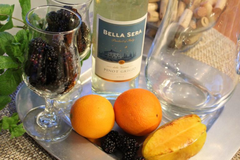 White Wine Sangria with Star Fruit, Oranges and Blackberries